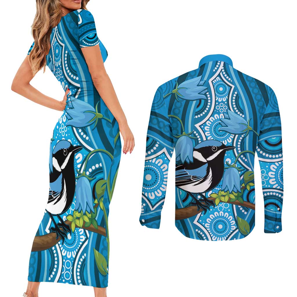 Australia Bluebell Creeper With Superb Blue Wren Couples Matching Short Sleeve Bodycon Dress and Long Sleeve Button Shirt Aboriginal Art
