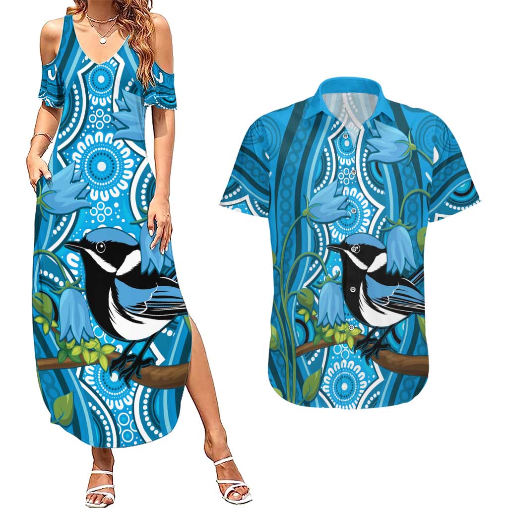 Australia Bluebell Creeper With Superb Blue Wren Couples Matching Summer Maxi Dress and Hawaiian Shirt Aboriginal Art
