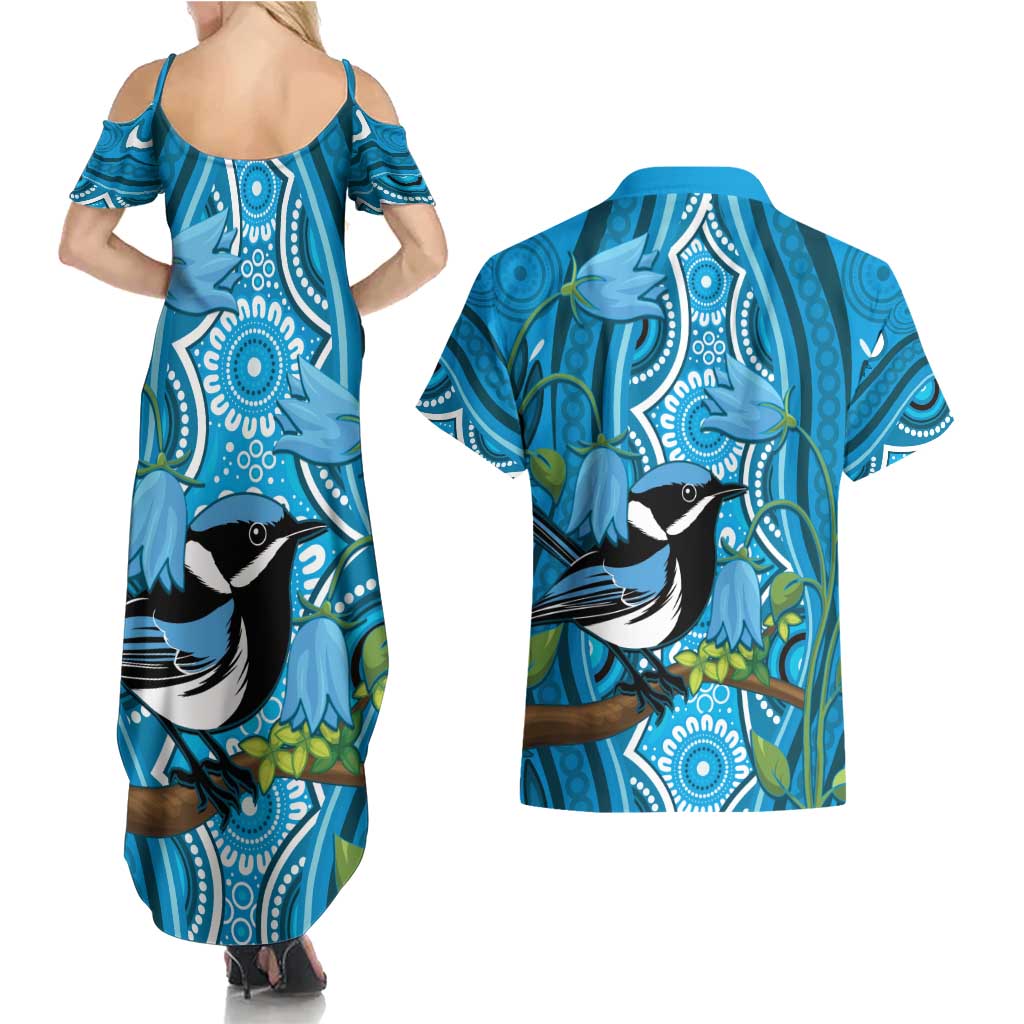 Australia Bluebell Creeper With Superb Blue Wren Couples Matching Summer Maxi Dress and Hawaiian Shirt Aboriginal Art