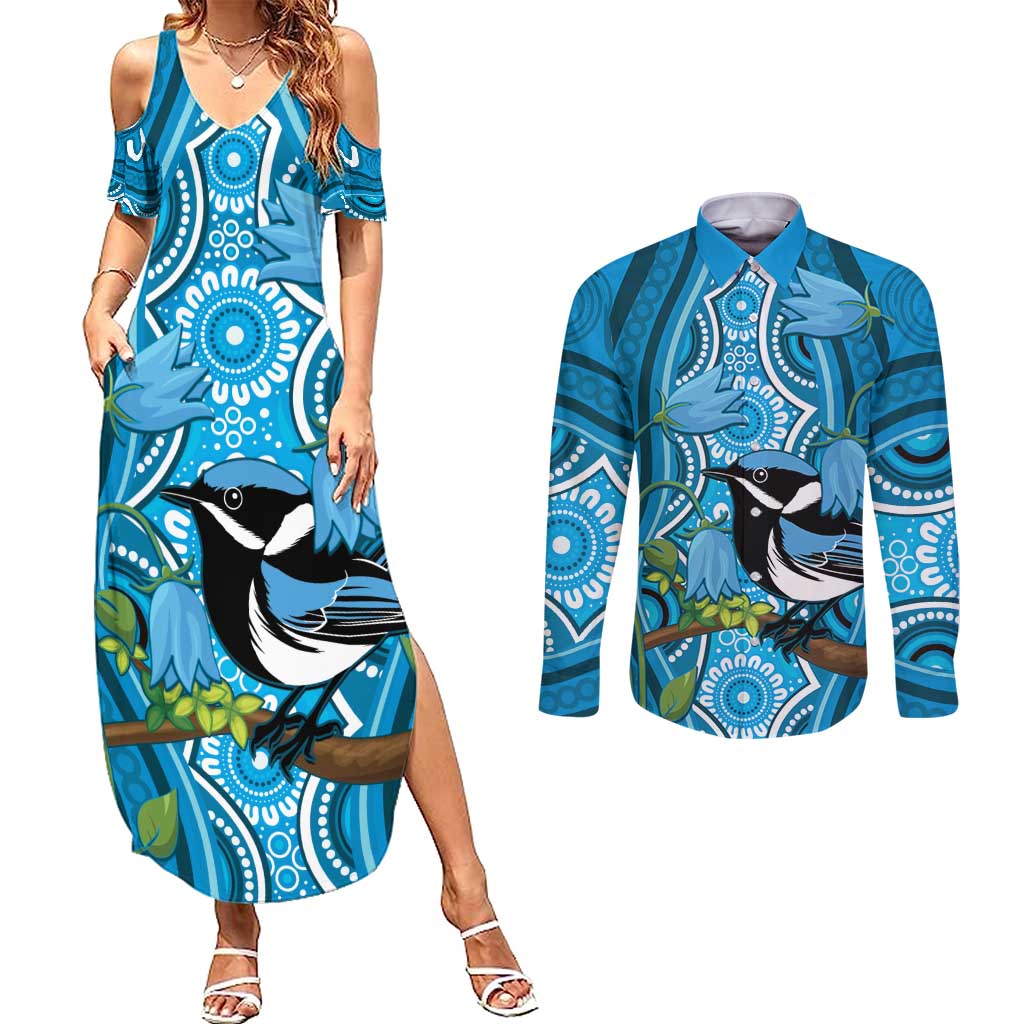 Australia Bluebell Creeper With Superb Blue Wren Couples Matching Summer Maxi Dress and Long Sleeve Button Shirt Aboriginal Art