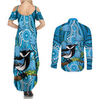 Australia Bluebell Creeper With Superb Blue Wren Couples Matching Summer Maxi Dress and Long Sleeve Button Shirt Aboriginal Art