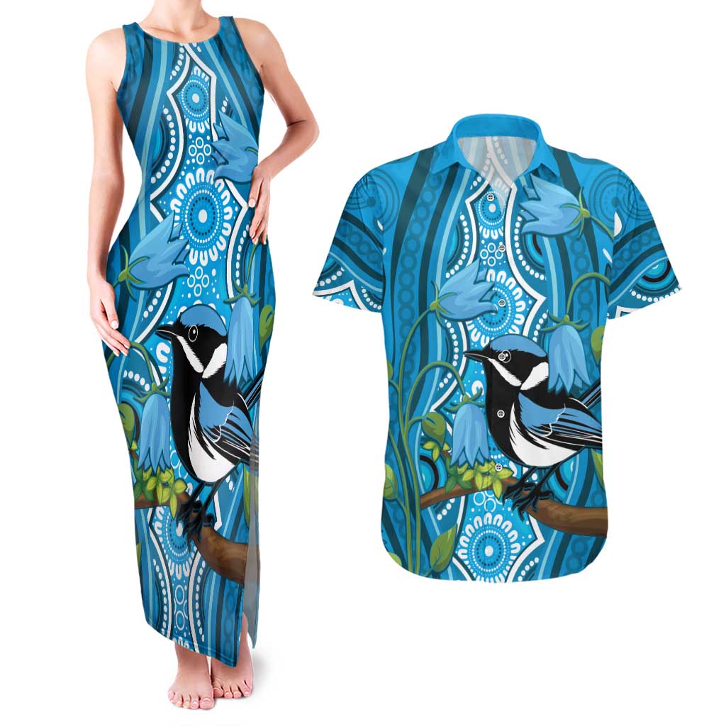 Australia Bluebell Creeper With Superb Blue Wren Couples Matching Tank Maxi Dress and Hawaiian Shirt Aboriginal Art