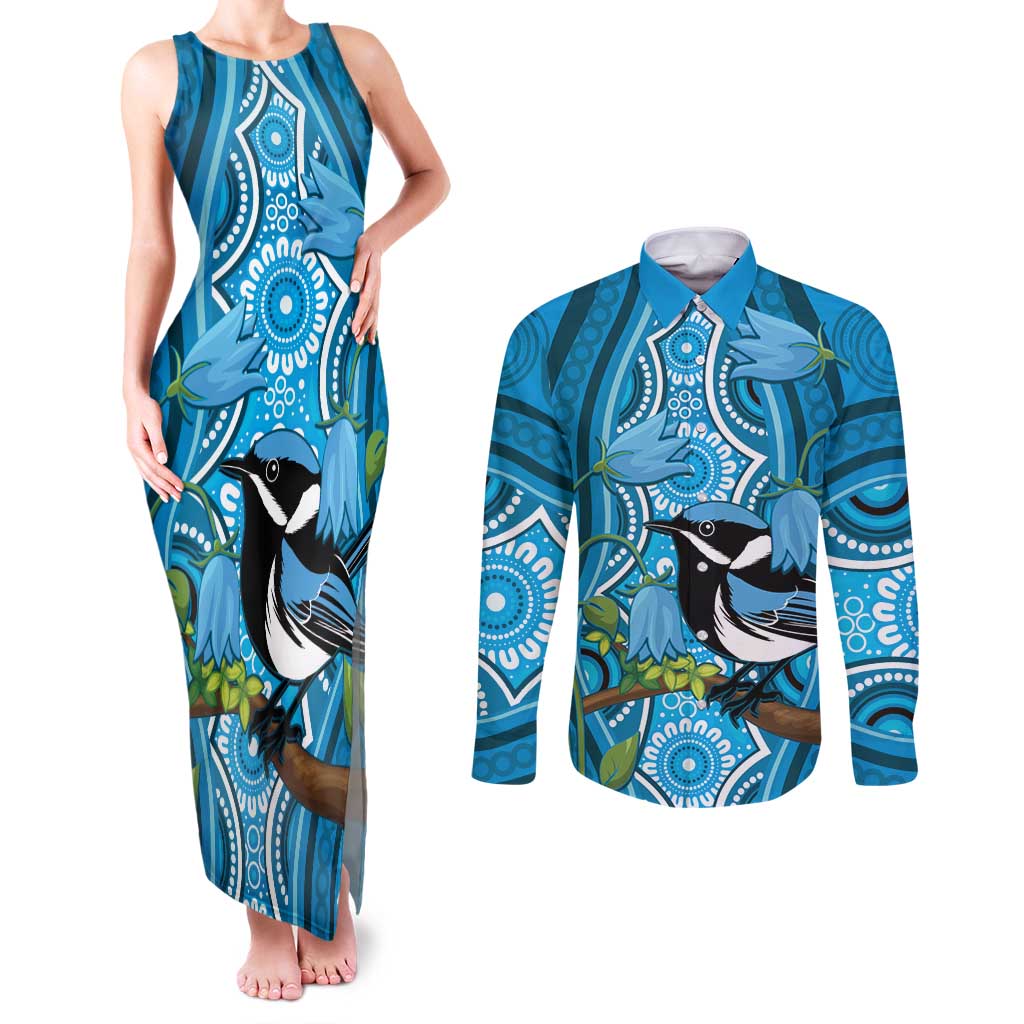 Australia Bluebell Creeper With Superb Blue Wren Couples Matching Tank Maxi Dress and Long Sleeve Button Shirt Aboriginal Art