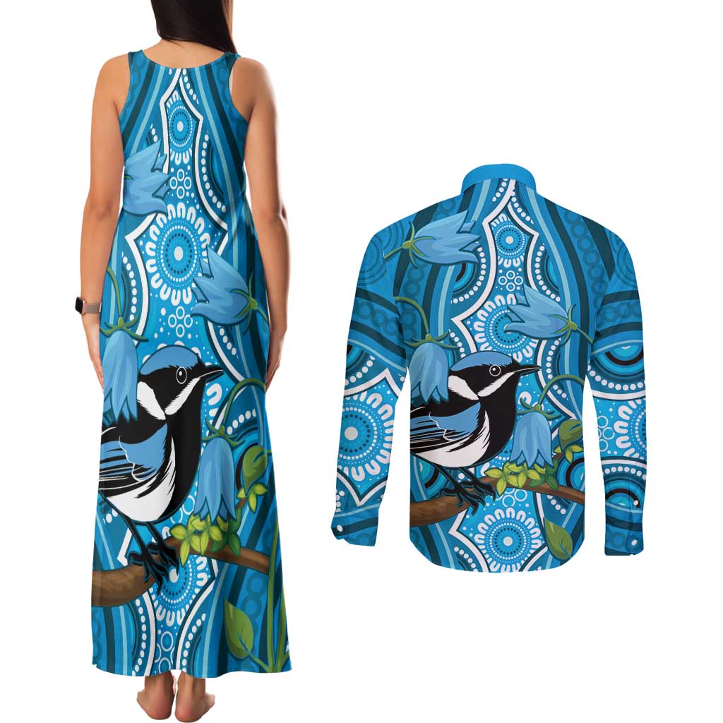 Australia Bluebell Creeper With Superb Blue Wren Couples Matching Tank Maxi Dress and Long Sleeve Button Shirt Aboriginal Art