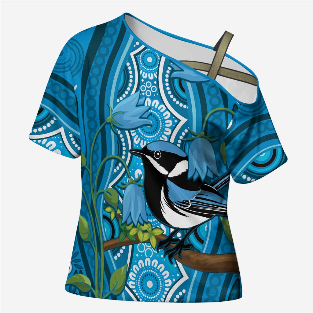 Australia Bluebell Creeper With Superb Blue Wren Cross Shoulder Shirt Aboriginal Art - Aussie Hoodie