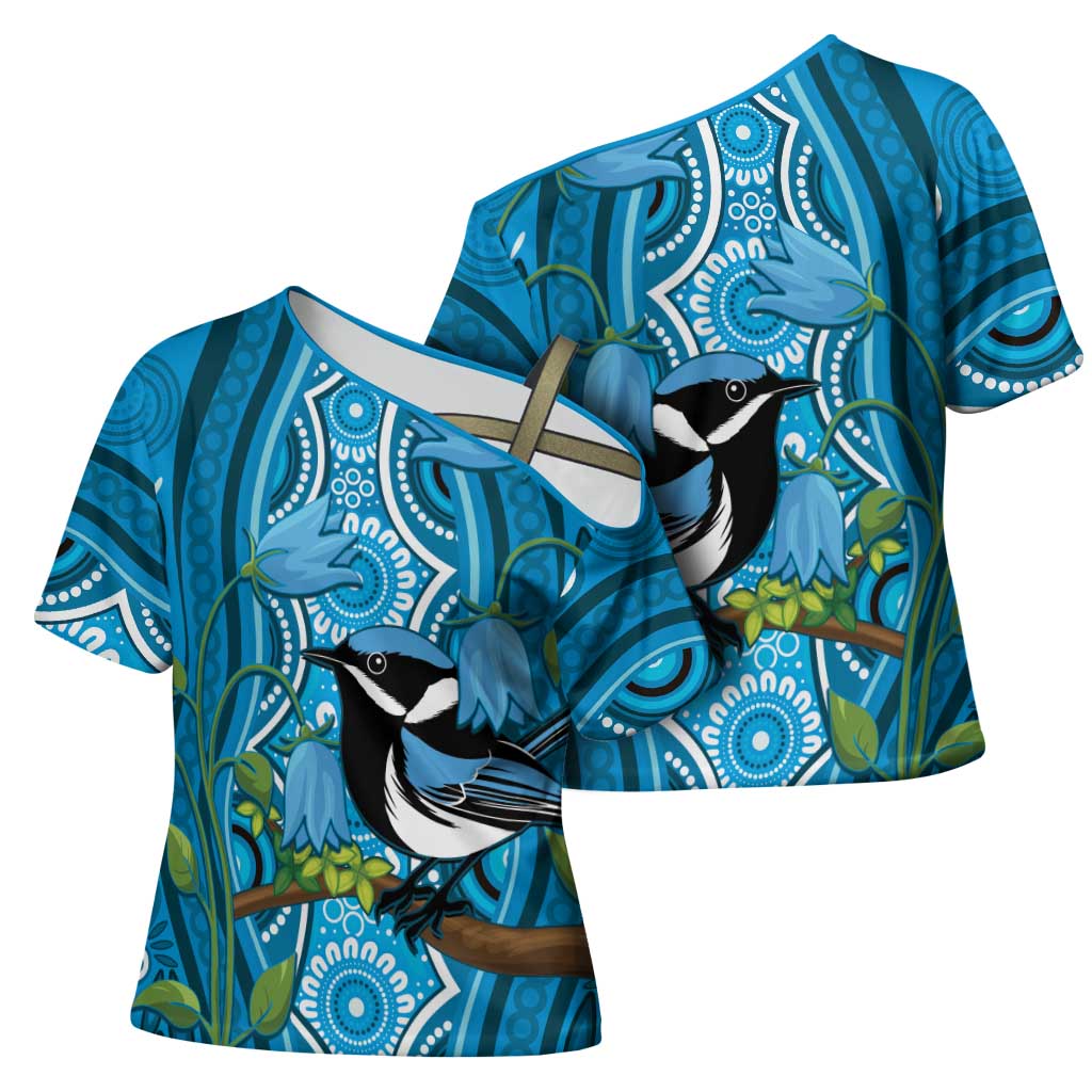 Australia Bluebell Creeper With Superb Blue Wren Cross Shoulder Shirt Aboriginal Art - Aussie Hoodie