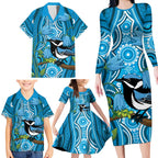 Australia Bluebell Creeper With Superb Blue Wren Family Matching Long Sleeve Bodycon Dress and Hawaiian Shirt Aboriginal Art