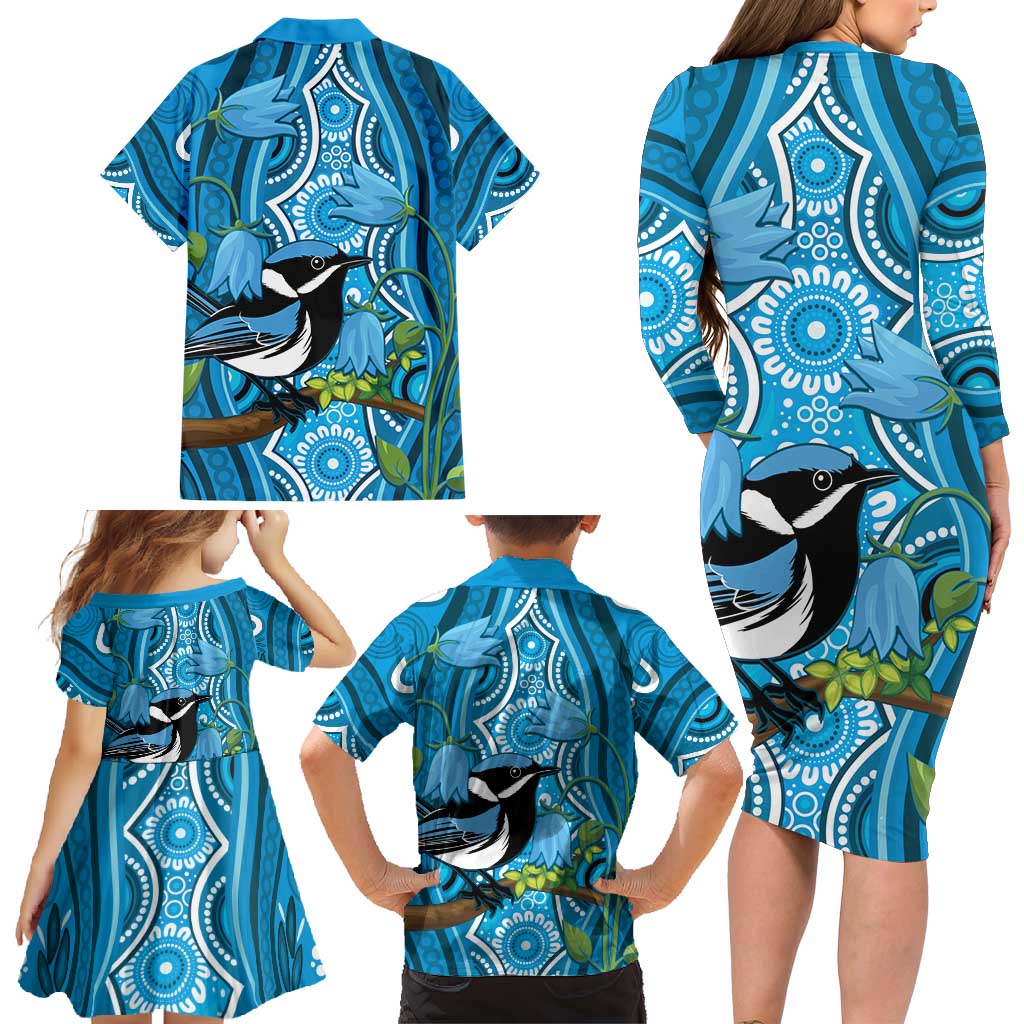 Australia Bluebell Creeper With Superb Blue Wren Family Matching Long Sleeve Bodycon Dress and Hawaiian Shirt Aboriginal Art