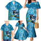 Australia Bluebell Creeper With Superb Blue Wren Family Matching Mermaid Dress and Hawaiian Shirt Aboriginal Art