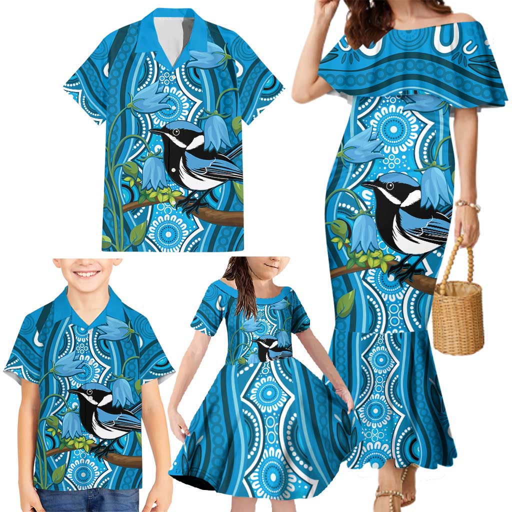 Australia Bluebell Creeper With Superb Blue Wren Family Matching Mermaid Dress and Hawaiian Shirt Aboriginal Art