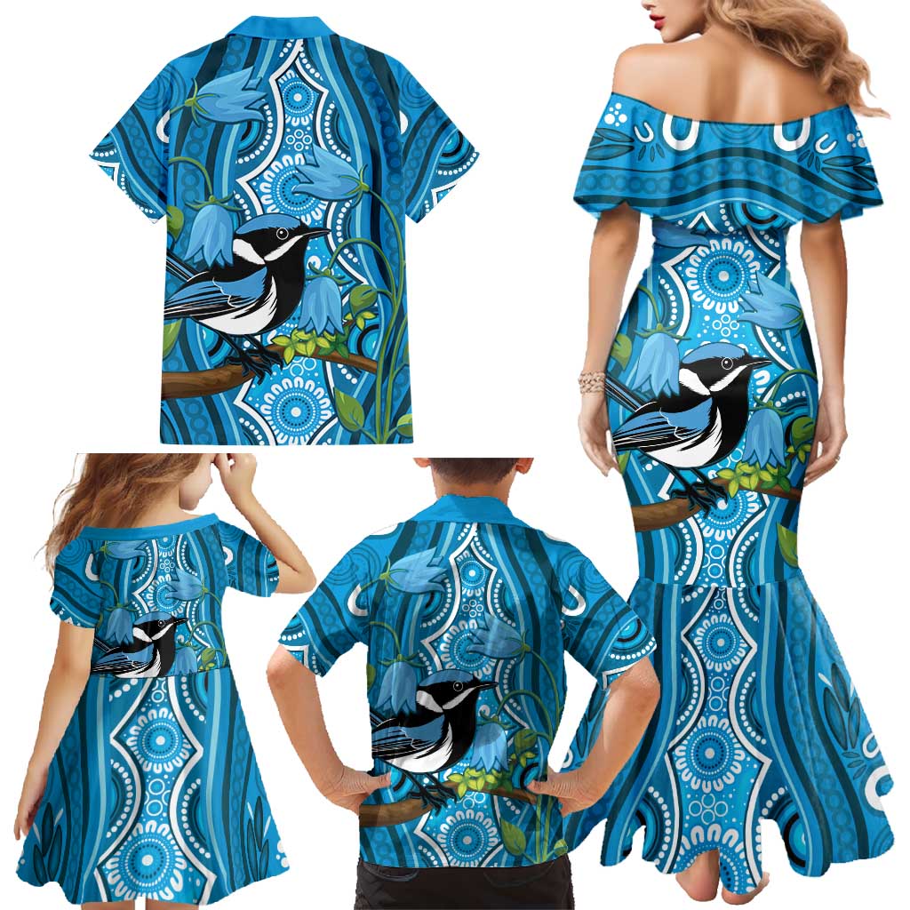 Australia Bluebell Creeper With Superb Blue Wren Family Matching Mermaid Dress and Hawaiian Shirt Aboriginal Art