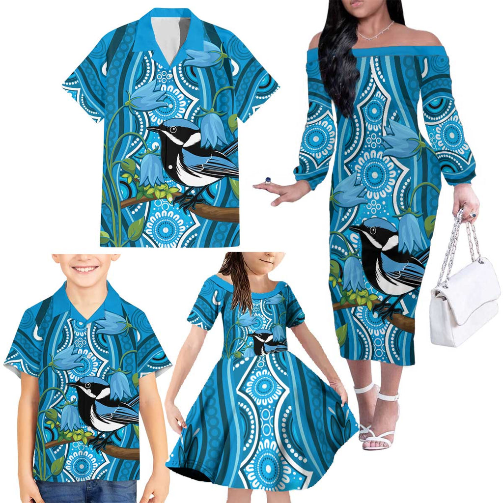 Australia Bluebell Creeper With Superb Blue Wren Family Matching Off The Shoulder Long Sleeve Dress and Hawaiian Shirt Aboriginal Art