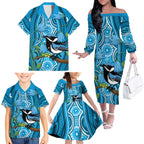 Australia Bluebell Creeper With Superb Blue Wren Family Matching Off The Shoulder Long Sleeve Dress and Hawaiian Shirt Aboriginal Art