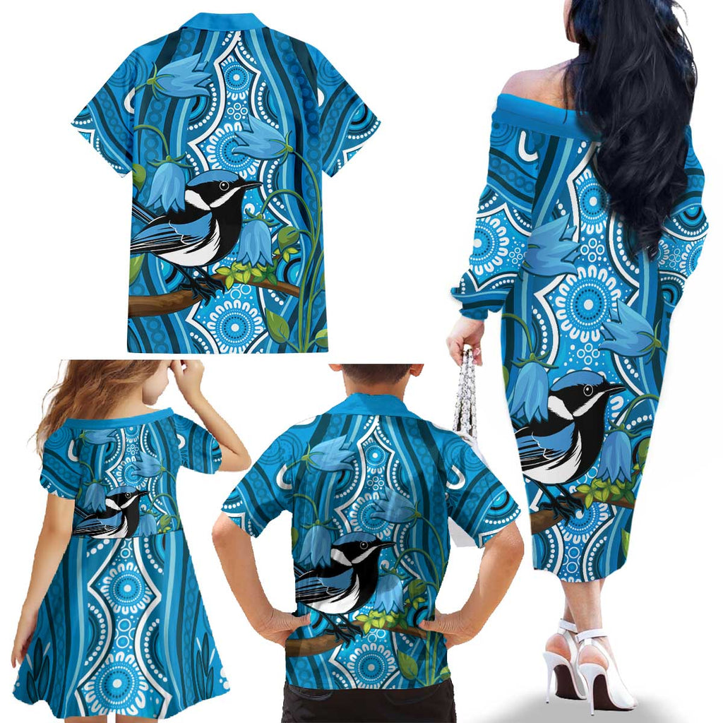 Australia Bluebell Creeper With Superb Blue Wren Family Matching Off The Shoulder Long Sleeve Dress and Hawaiian Shirt Aboriginal Art