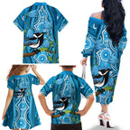 Australia Bluebell Creeper With Superb Blue Wren Family Matching Off The Shoulder Long Sleeve Dress and Hawaiian Shirt Aboriginal Art