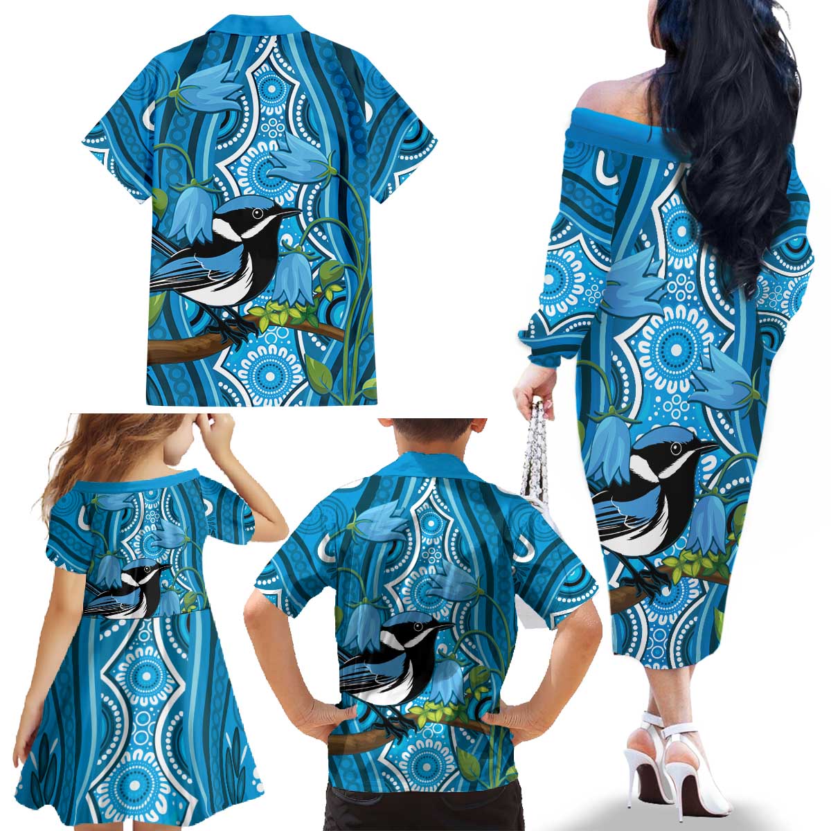 Australia Bluebell Creeper With Superb Blue Wren Family Matching Off The Shoulder Long Sleeve Dress and Hawaiian Shirt Aboriginal Art