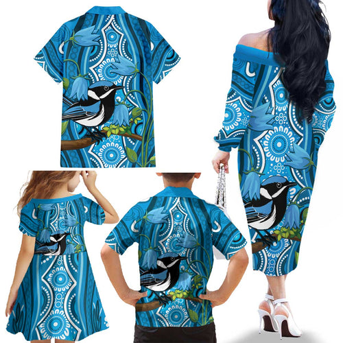 Australia Bluebell Creeper With Superb Blue Wren Family Matching Off The Shoulder Long Sleeve Dress and Hawaiian Shirt Aboriginal Art