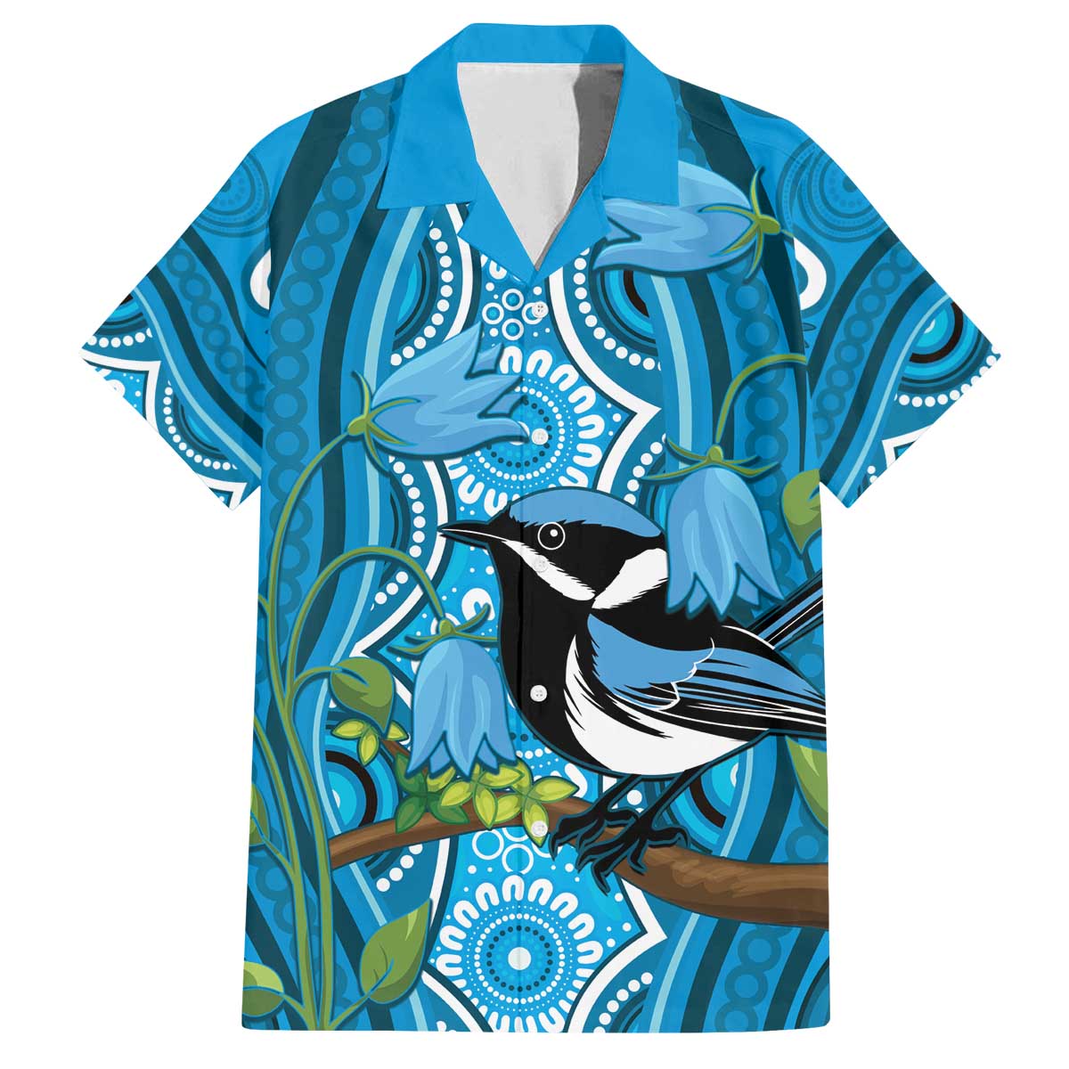 Australia Bluebell Creeper With Superb Blue Wren Family Matching Off The Shoulder Long Sleeve Dress and Hawaiian Shirt Aboriginal Art