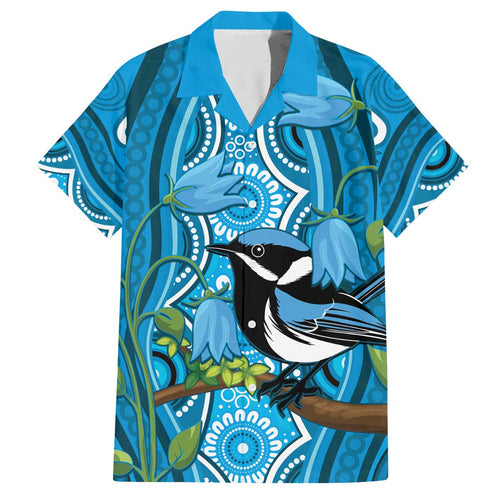 Australia Bluebell Creeper With Superb Blue Wren Family Matching Off The Shoulder Long Sleeve Dress and Hawaiian Shirt Aboriginal Art