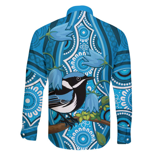 Australia Bluebell Creeper With Superb Blue Wren Family Matching Off The Shoulder Long Sleeve Dress and Hawaiian Shirt Aboriginal Art
