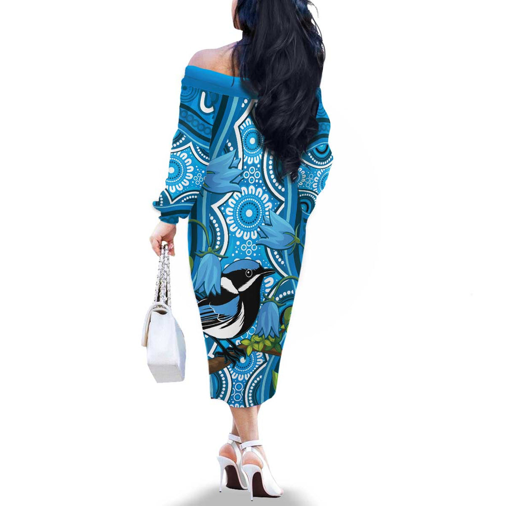 Australia Bluebell Creeper With Superb Blue Wren Family Matching Off The Shoulder Long Sleeve Dress and Hawaiian Shirt Aboriginal Art