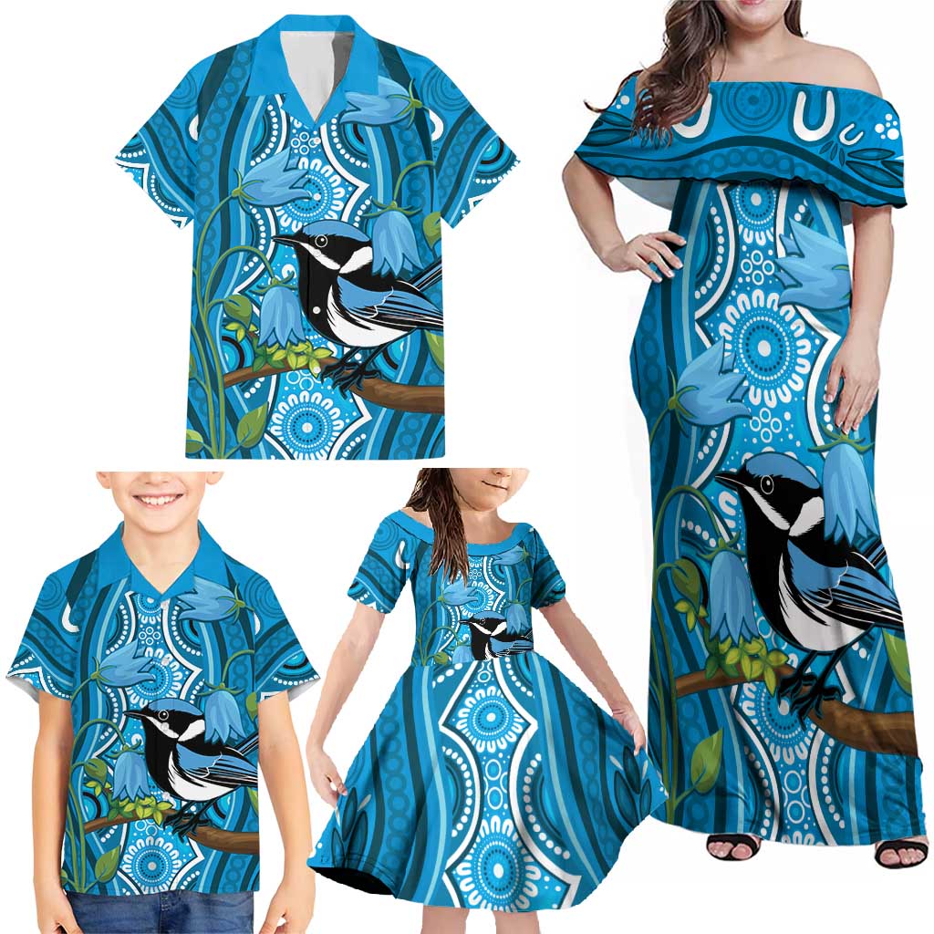 Australia Bluebell Creeper With Superb Blue Wren Family Matching Off Shoulder Maxi Dress and Hawaiian Shirt Aboriginal Art