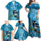 Australia Bluebell Creeper With Superb Blue Wren Family Matching Off Shoulder Maxi Dress and Hawaiian Shirt Aboriginal Art