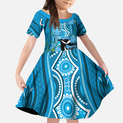 Australia Bluebell Creeper With Superb Blue Wren Family Matching Off Shoulder Maxi Dress and Hawaiian Shirt Aboriginal Art