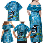 Australia Bluebell Creeper With Superb Blue Wren Family Matching Off Shoulder Maxi Dress and Hawaiian Shirt Aboriginal Art