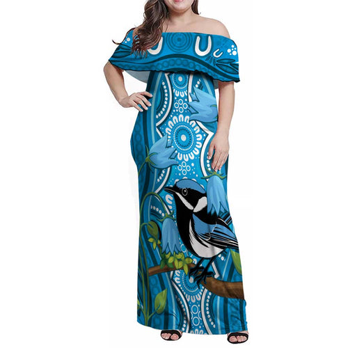 Australia Bluebell Creeper With Superb Blue Wren Family Matching Off Shoulder Maxi Dress and Hawaiian Shirt Aboriginal Art