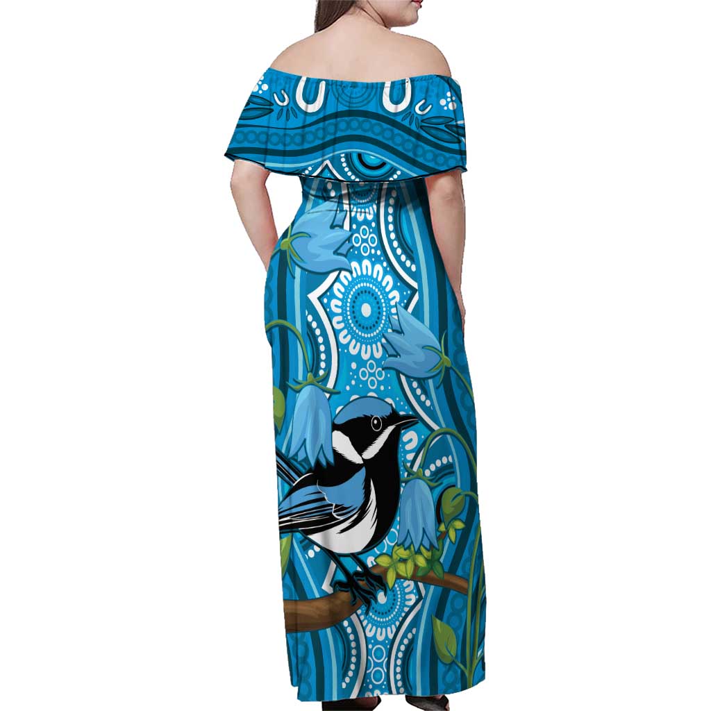 Australia Bluebell Creeper With Superb Blue Wren Family Matching Off Shoulder Maxi Dress and Hawaiian Shirt Aboriginal Art