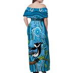 Australia Bluebell Creeper With Superb Blue Wren Family Matching Off Shoulder Maxi Dress and Hawaiian Shirt Aboriginal Art