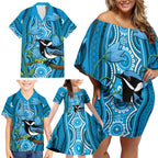 Australia Bluebell Creeper With Superb Blue Wren Family Matching Off Shoulder Short Dress and Hawaiian Shirt Aboriginal Art