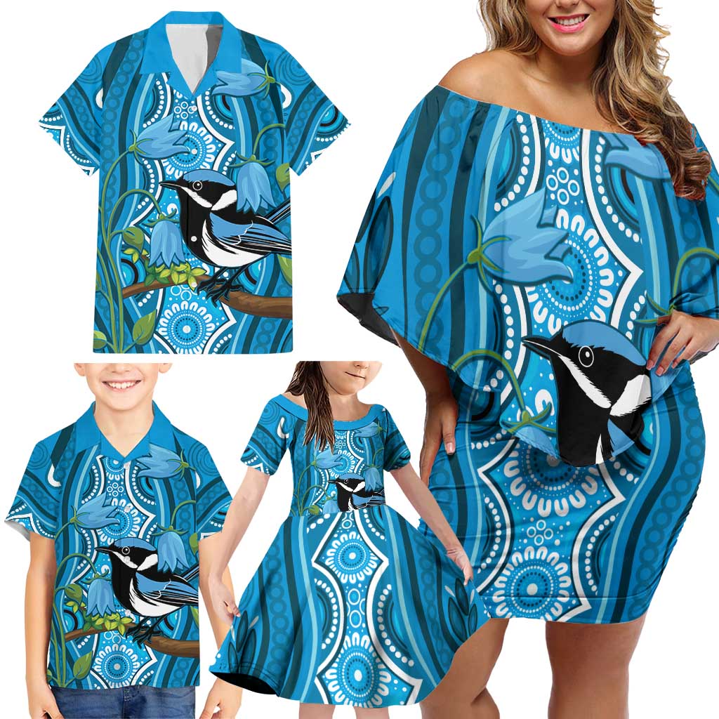 Australia Bluebell Creeper With Superb Blue Wren Family Matching Off Shoulder Short Dress and Hawaiian Shirt Aboriginal Art