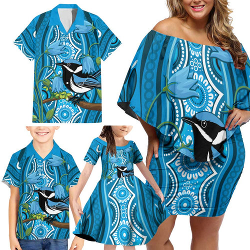 Australia Bluebell Creeper With Superb Blue Wren Family Matching Off Shoulder Short Dress and Hawaiian Shirt Aboriginal Art