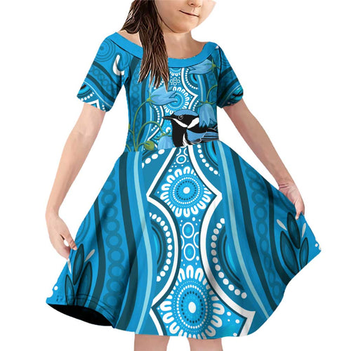 Australia Bluebell Creeper With Superb Blue Wren Family Matching Off Shoulder Short Dress and Hawaiian Shirt Aboriginal Art