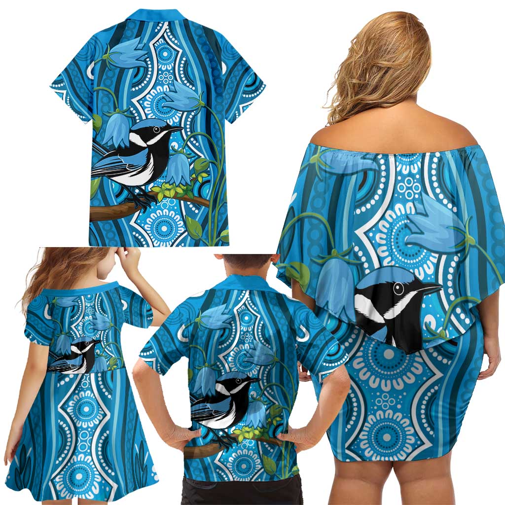 Australia Bluebell Creeper With Superb Blue Wren Family Matching Off Shoulder Short Dress and Hawaiian Shirt Aboriginal Art