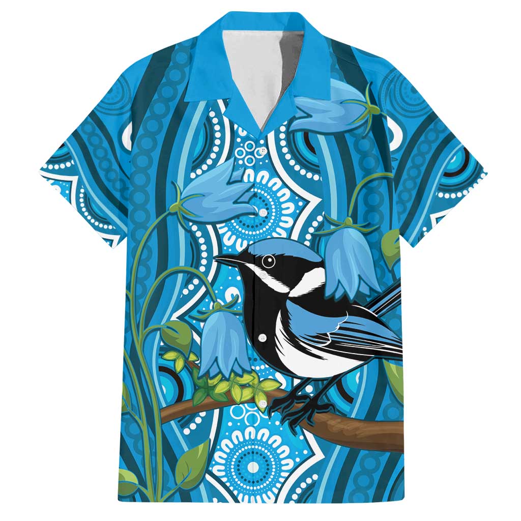 Australia Bluebell Creeper With Superb Blue Wren Family Matching Off Shoulder Short Dress and Hawaiian Shirt Aboriginal Art