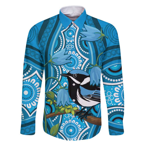 Australia Bluebell Creeper With Superb Blue Wren Family Matching Off Shoulder Short Dress and Hawaiian Shirt Aboriginal Art