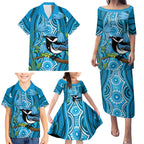 Australia Bluebell Creeper With Superb Blue Wren Family Matching Puletasi and Hawaiian Shirt Aboriginal Art
