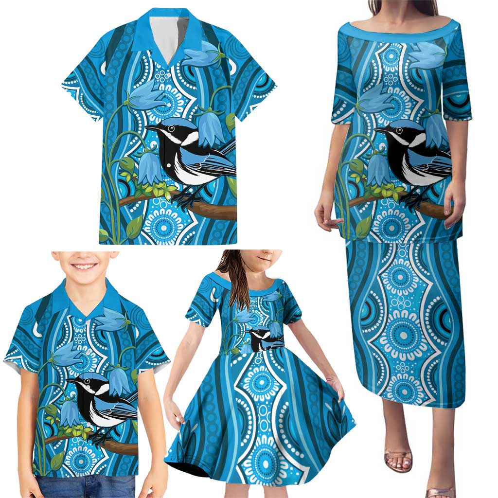 Australia Bluebell Creeper With Superb Blue Wren Family Matching Puletasi and Hawaiian Shirt Aboriginal Art