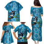 Australia Bluebell Creeper With Superb Blue Wren Family Matching Puletasi and Hawaiian Shirt Aboriginal Art