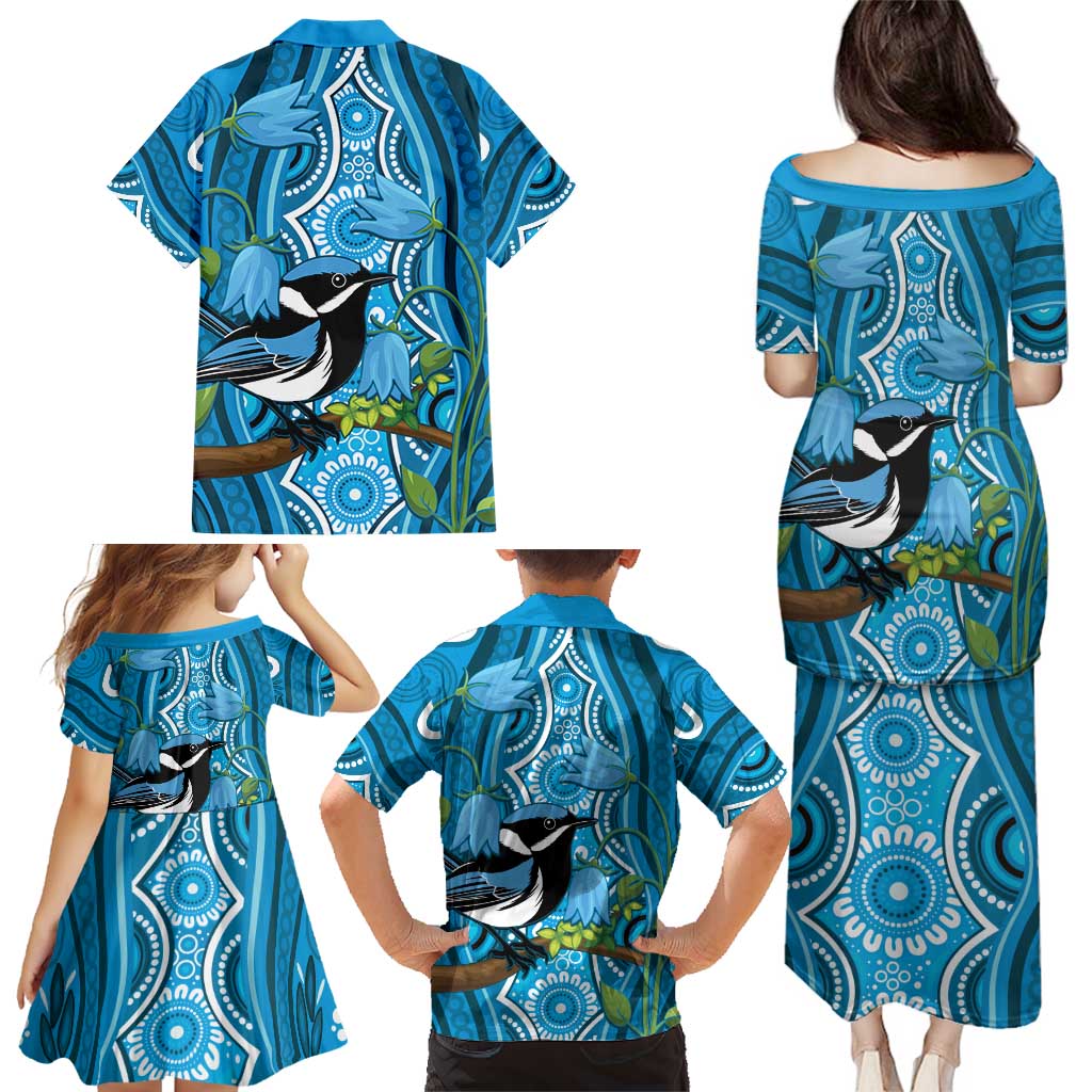 Australia Bluebell Creeper With Superb Blue Wren Family Matching Puletasi and Hawaiian Shirt Aboriginal Art