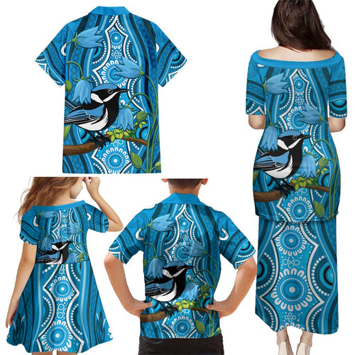 Australia Bluebell Creeper With Superb Blue Wren Family Matching Puletasi and Hawaiian Shirt Aboriginal Art