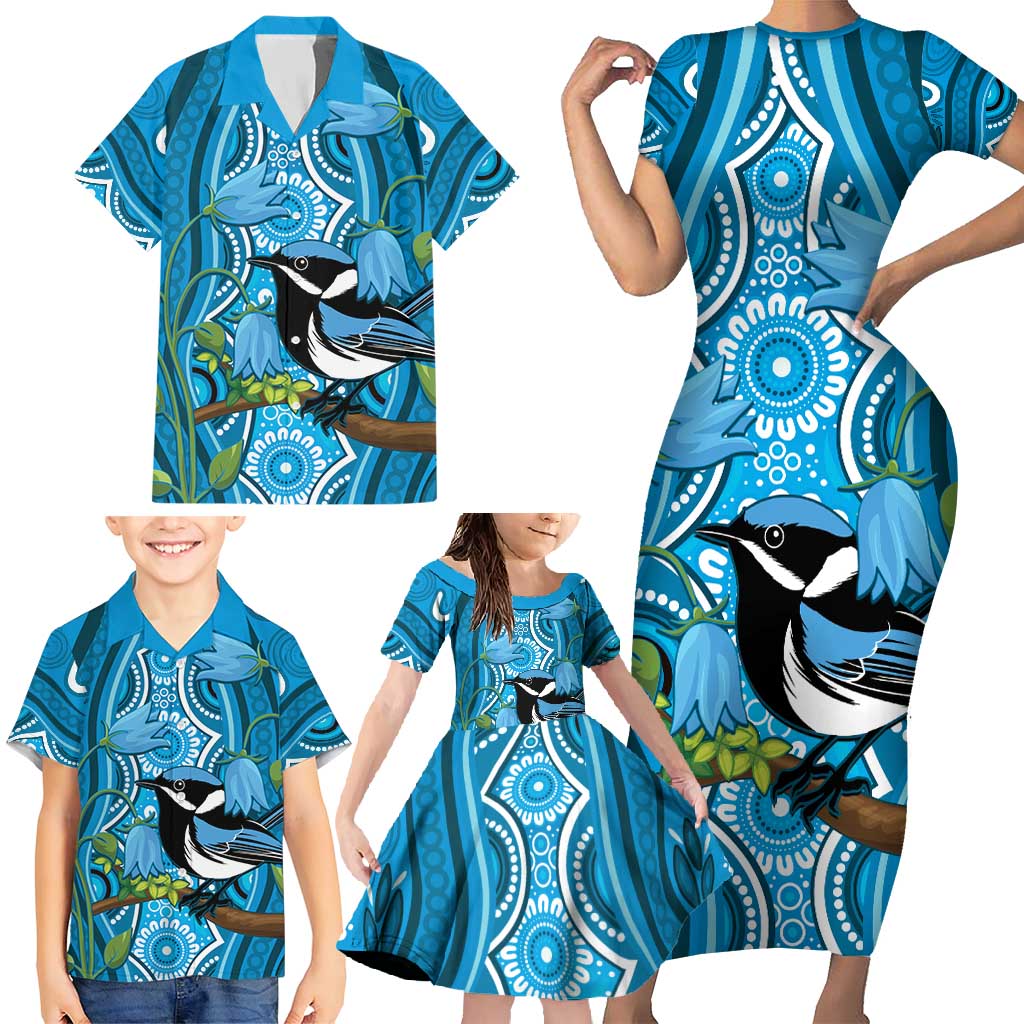 Australia Bluebell Creeper With Superb Blue Wren Family Matching Short Sleeve Bodycon Dress and Hawaiian Shirt Aboriginal Art
