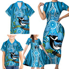 Australia Bluebell Creeper With Superb Blue Wren Family Matching Short Sleeve Bodycon Dress and Hawaiian Shirt Aboriginal Art