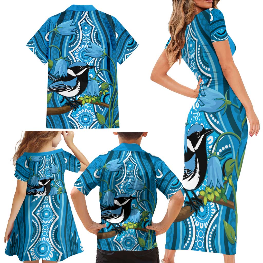 Australia Bluebell Creeper With Superb Blue Wren Family Matching Short Sleeve Bodycon Dress and Hawaiian Shirt Aboriginal Art
