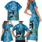 Australia Bluebell Creeper With Superb Blue Wren Family Matching Short Sleeve Bodycon Dress and Hawaiian Shirt Aboriginal Art