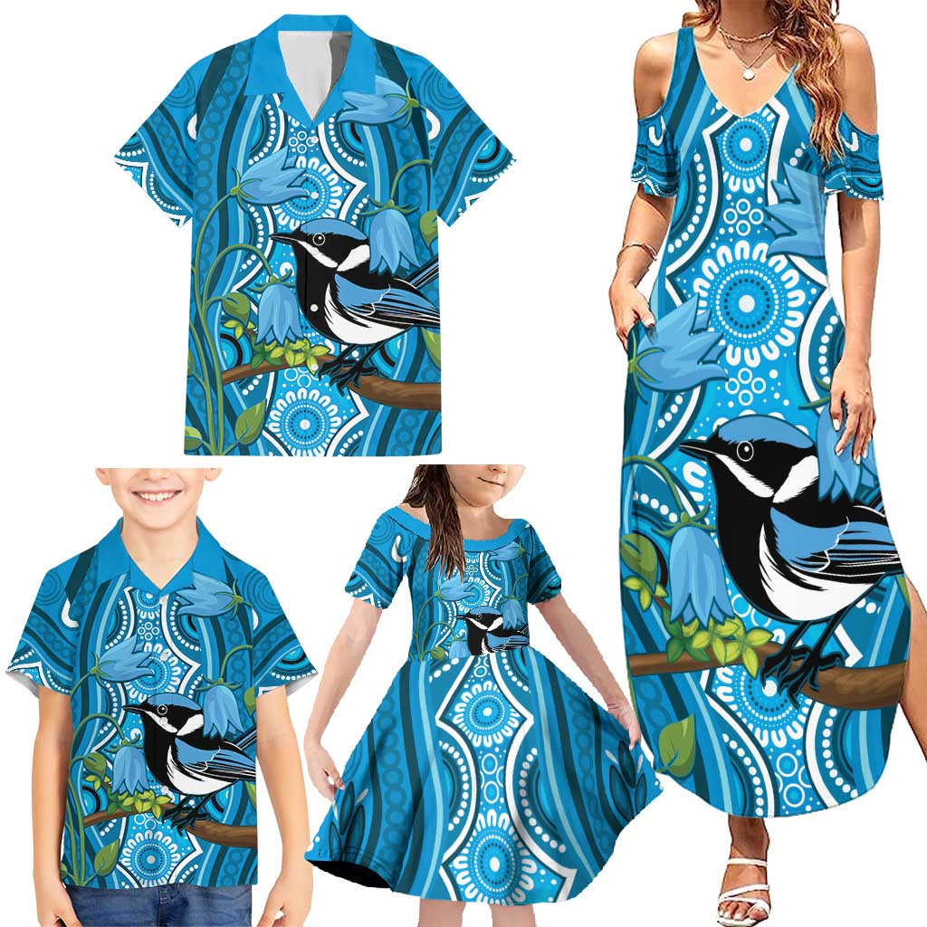 Australia Bluebell Creeper With Superb Blue Wren Family Matching Summer Maxi Dress and Hawaiian Shirt Aboriginal Art