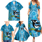 Australia Bluebell Creeper With Superb Blue Wren Family Matching Summer Maxi Dress and Hawaiian Shirt Aboriginal Art